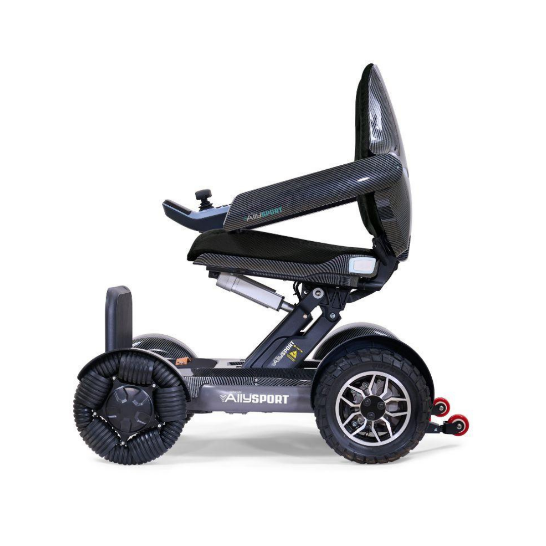 The Golden Tech Ally Sport Smart Powerchair features a modern black design, omni-directional wheels, a streamlined carbon fiber frame, mesh backrest seat, rear stabilizing wheels, and convenient app control.