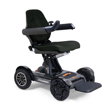 The Golden Tech Ally Sport Smart Powerchair features black and gray styling, ergonomic memory foam seating, armrests, footrest, and omni-directional wheels. Its sleek, compact design and app control make it ideal for both indoor and outdoor use.