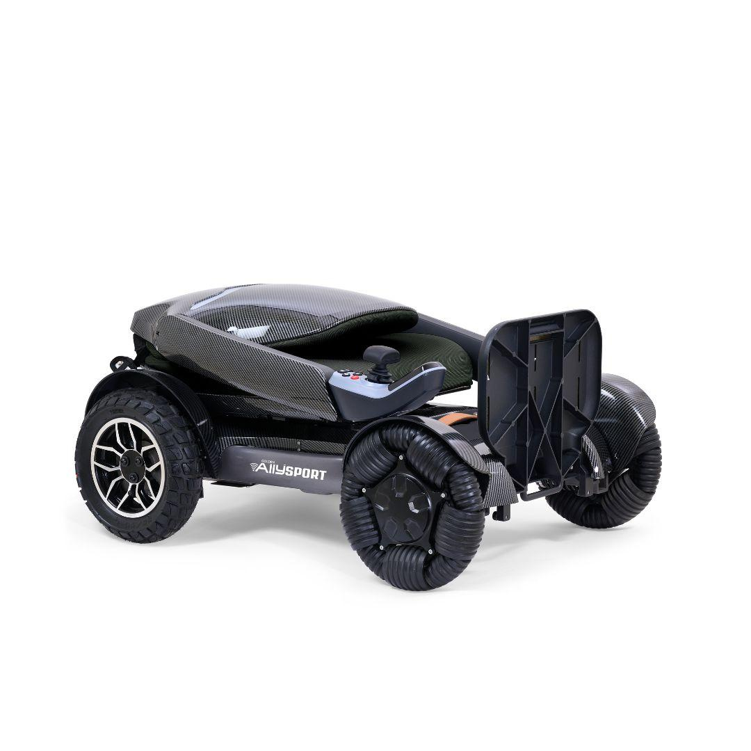 The Golden Tech Ally Sport Smart Powerchair features omni-directional wheels, app control, ergonomic memory foam seating, large treaded tires, and a foldable footrest—combining luxury and comfort in a sleek design.