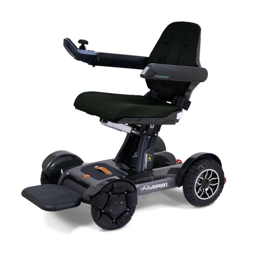The Golden Tech Ally Sport Smart Powerchair in black features omni-directional wheels, app and armrest joystick controls, a lightweight foldable frame, and ergonomic memory foam seating for comfort.