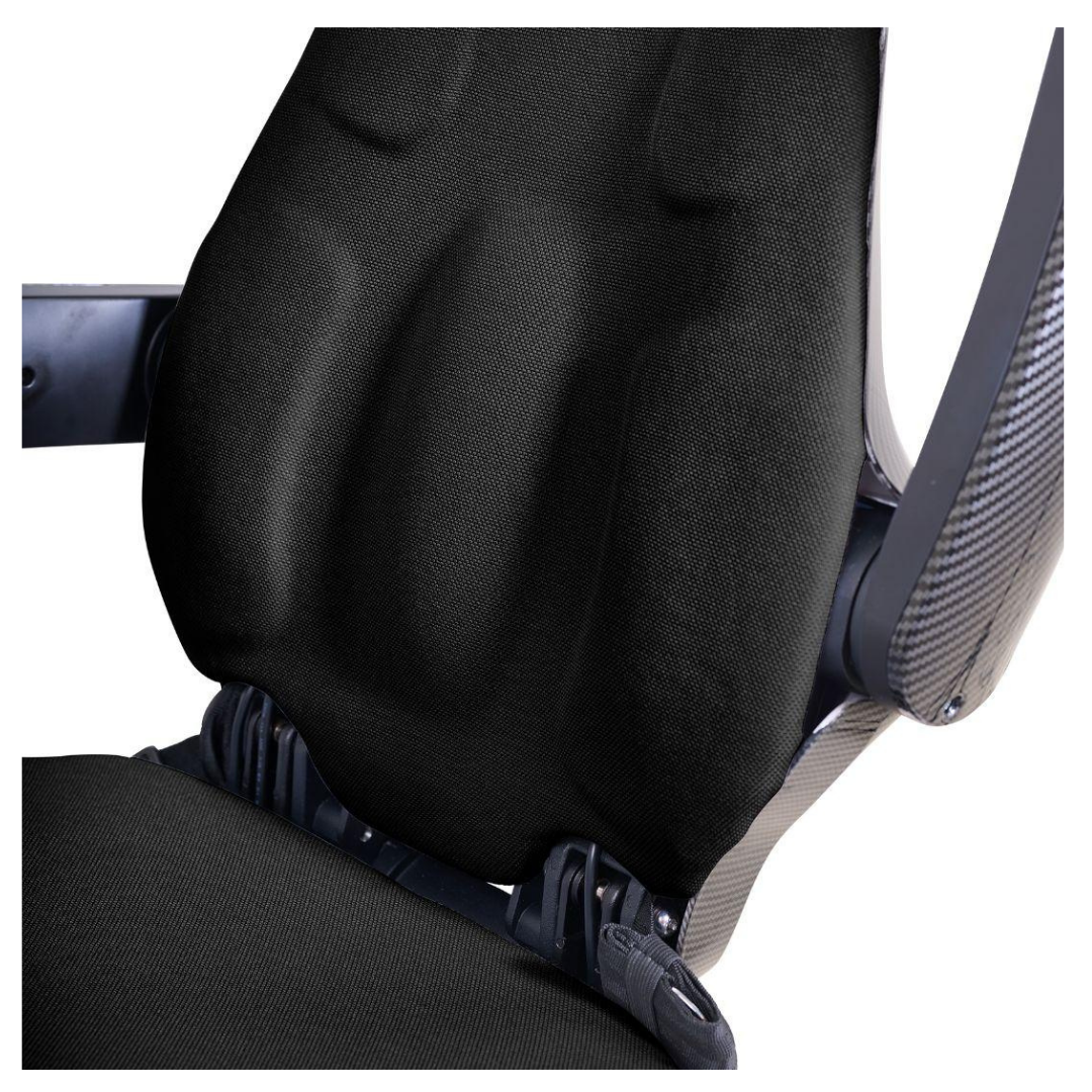 Close-up of the Golden Tech Ally Sport Smart Powerchair featuring ergonomic memory foam seating, textured fabric, carbon fiber side panels, and omni-directional wheels, all designed for enhanced comfort, support, and smart app control.