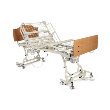 The Alterra 1385 Hi/Low Long-Term Care Hospital Bed features an adjustable metal frame, side rails, wood-look headboard and footboard, and locking caster wheels for improved patient handling and resident safety.