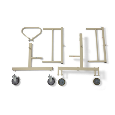 Four Medline Alterra Bed Trolley beige metal frames with caster wheels are displayed on a white background, showing components for assembling a rolling cart or mobile stand; two wheels are attached, while two are placed nearby.