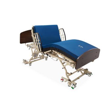 The Medline Alterra Maxx Long-Term Care Hi/Low Hospital Bed features integrated width and length adjustments, a blue mattress, wooden headboard and footboard, metal frame, and is shown partially raised.