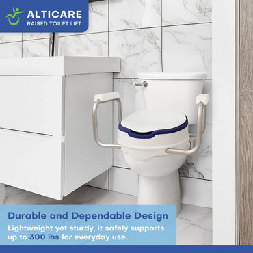 The AltiCare 5” Non-Slip Raised Toilet Seat with Arms—Universal Fit—is shown on a white toilet in a modern bathroom, highlighting its durable, dependable design and 300 lb weight capacity.