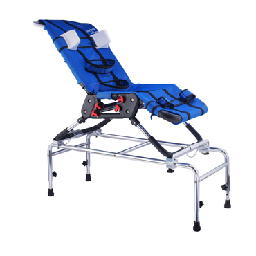 The Circle Specialty Pediatric Anchor Bath Chair is a blue adjustable bath chair for children with black straps, a headrest, and a sturdy metal frame with four legs and rubber feet for stability.