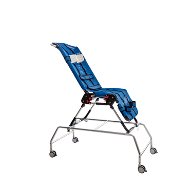 Circle Specialty Pediatric Anchor Bath Chair: Blue, adjustable with backrest and safety straps, metal frame with four caster wheels for patient transport or positioning. Suitable as a bath chair for children or adults.