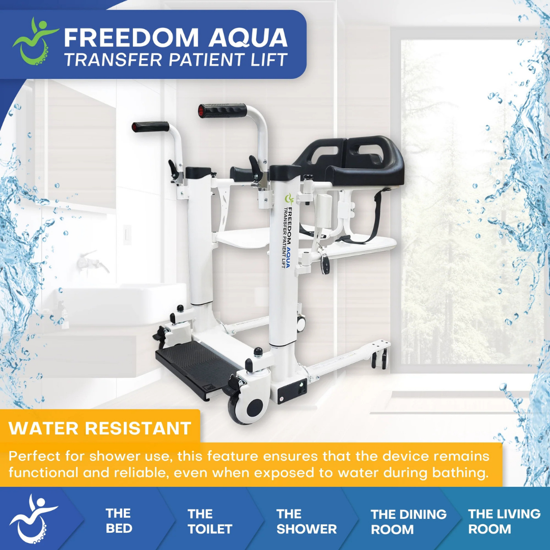 The white Freedom Aqua Waterproof Powered Patient Lift enables sling-free transfers, with handlebars and a seat for safety. Its waterproof design ensures dependable use in wet environments like showers, as well as beds, toilets, and living rooms.