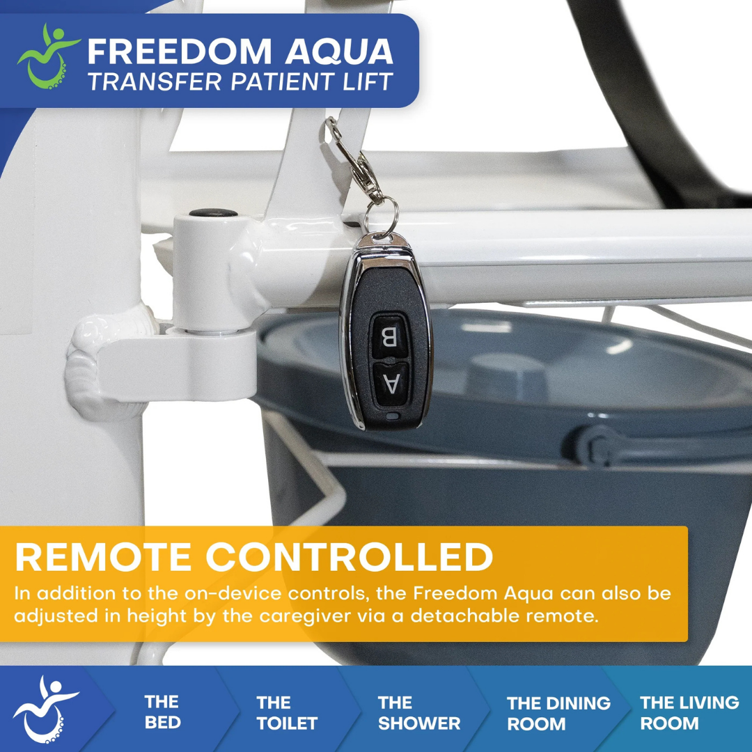 Close-up of the Freedom Aqua Waterproof Powered Patient Lift – Sling Free Transfers. Waterproof remote hangs on the frame, enabling height adjustment and versatile use in various rooms.