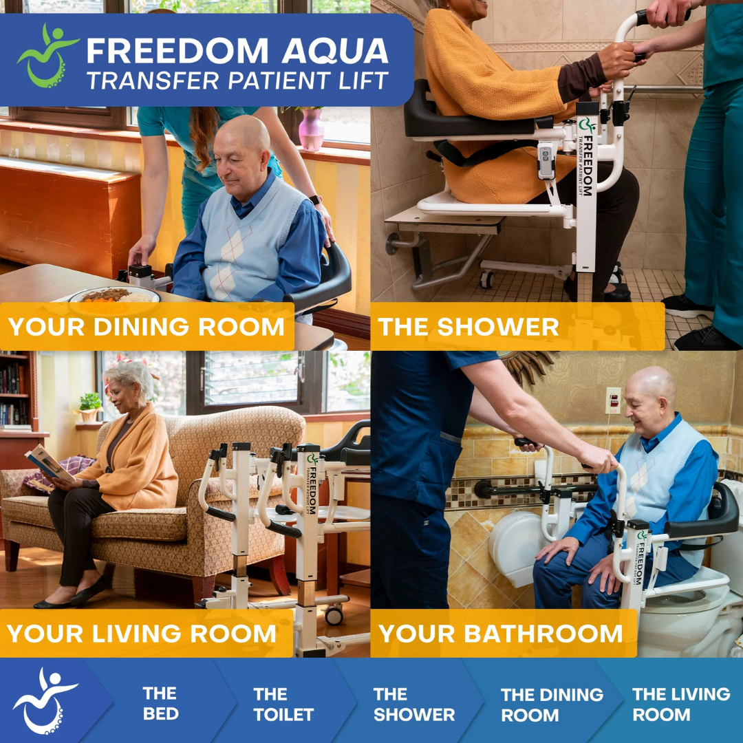 A patient uses the Freedom Aqua Waterproof Powered Patient Lift – Sling Free Transfers in the dining room, shower, living room, and bathroom to safely move between bed, toilet, shower, and rooms as shown in four labeled photos.