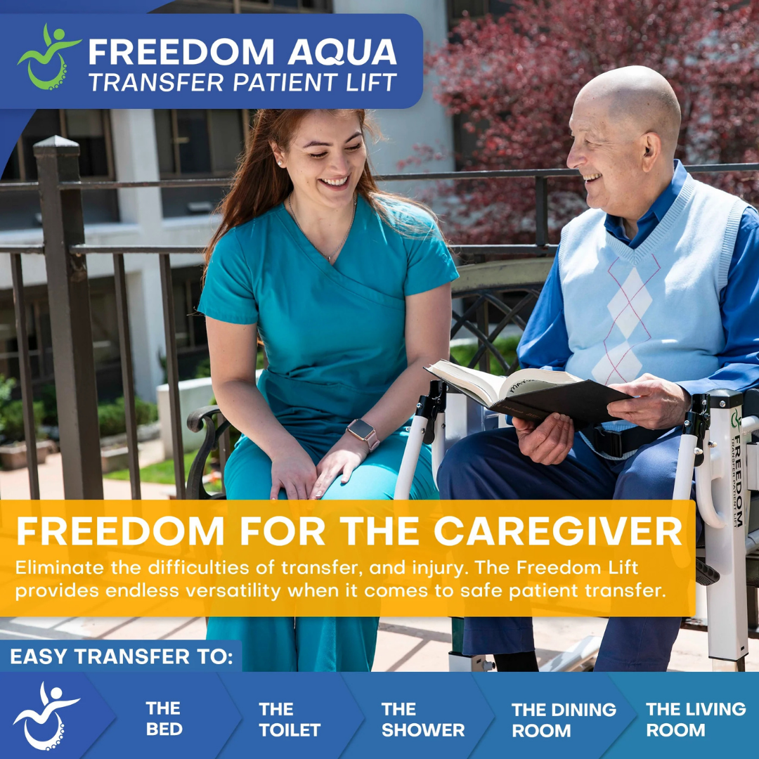 A smiling caregiver in scrubs sits beside an elderly man on a walker seat outdoors. Both look happy as the man holds a book. Text promotes the Freedom Aqua Waterproof Powered Patient Lift for sling-free, easy transfers anywhere.