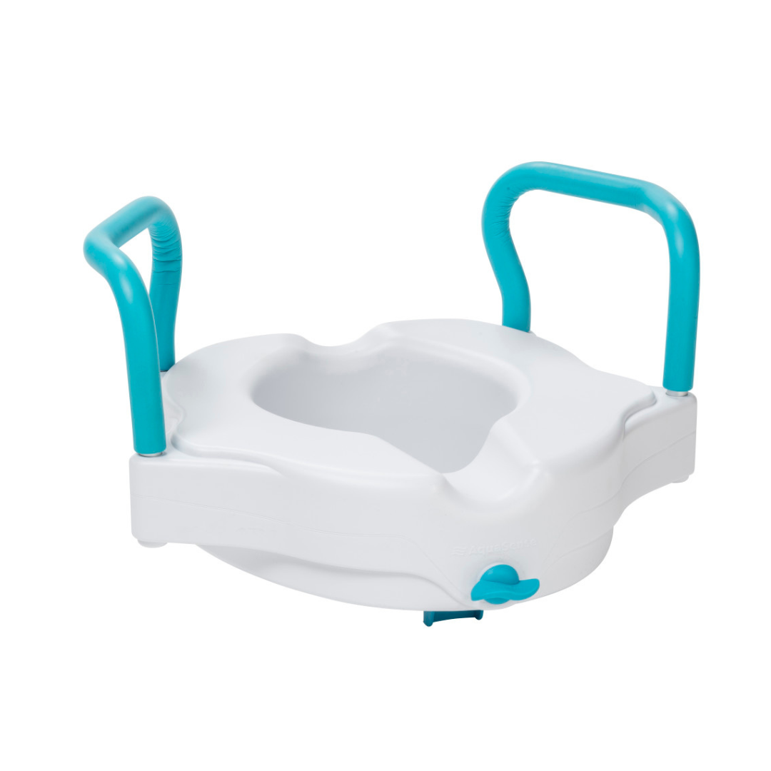 The Drive AquaSense 3-in-1 Contoured Raised Toilet Seat with Arms features teal adjustable handles, offering enhanced bathroom safety and support for users with mobility challenges.
