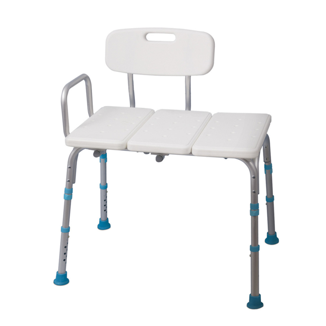 The Drive Aquasense Adjustable Bathtub Transfer Bench is a white plastic and metal bench with a backrest, one armrest, and non-slip blue tips for safe and easy transfer in the shower or bathtub.