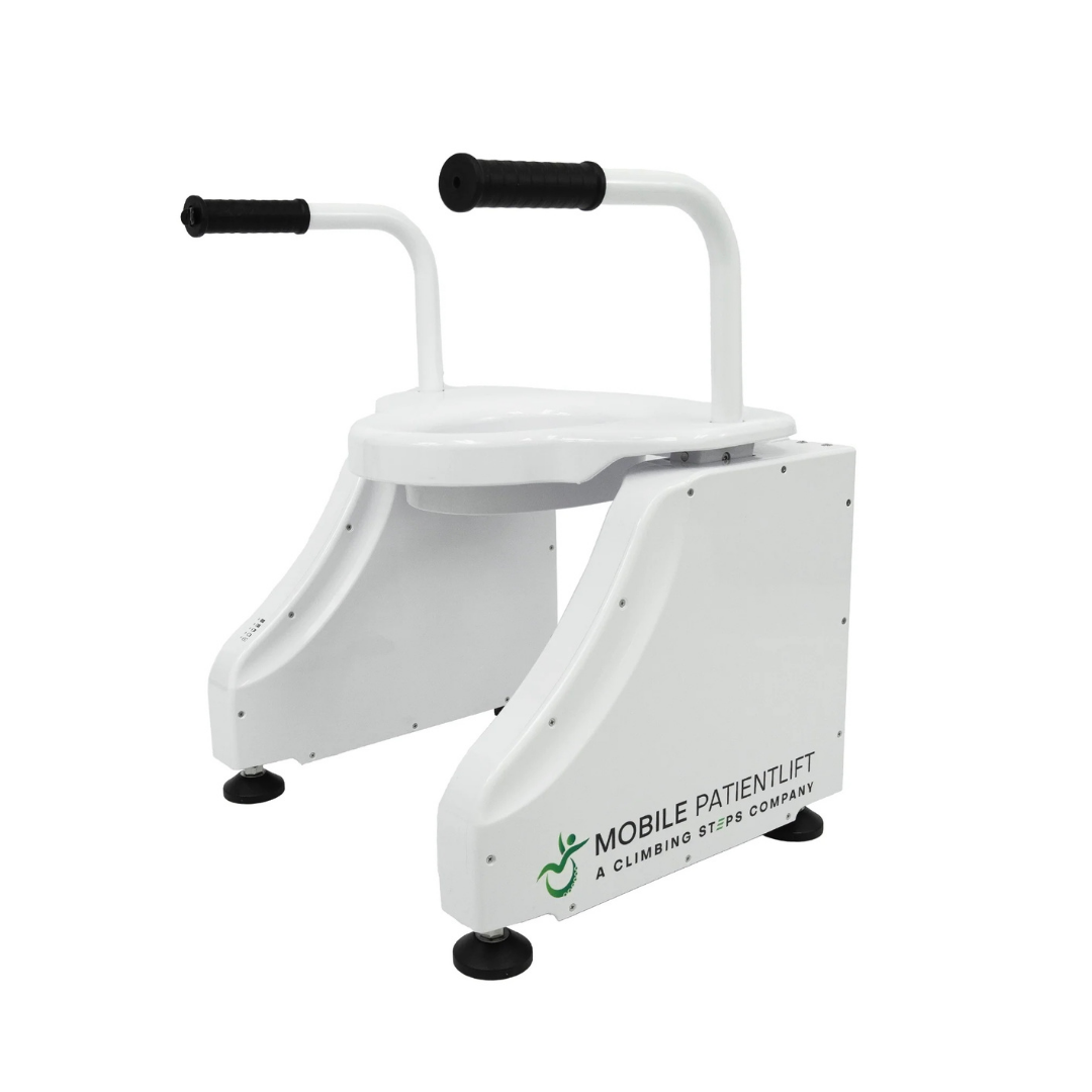 The ArGo Bariatric Electric Toilet Lift is a white, compact lifter with an ergonomic seat, two black-handled support bars, and four sturdy legs. Designed to aid bathroom access for individuals with mobility challenges. Mobile Patient Lift logo on the side.