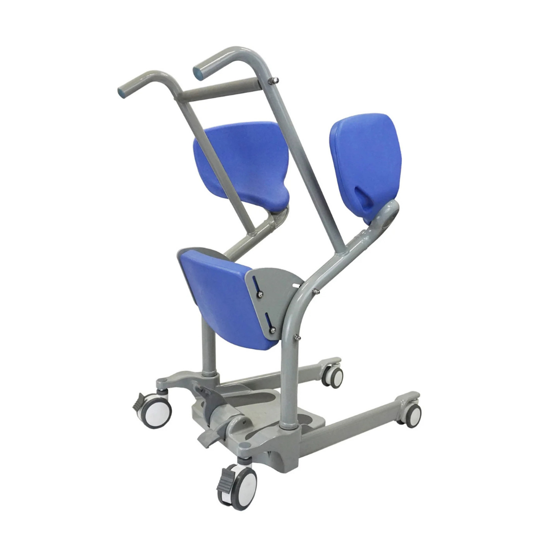 The Mobile PatientLift Ascend & Go Sit-to-Stand Patient Lift features a gray metal frame, blue cushioned supports, handlebars, and four caster wheels for safe patient transfers and assistance with standing or moving between positions.