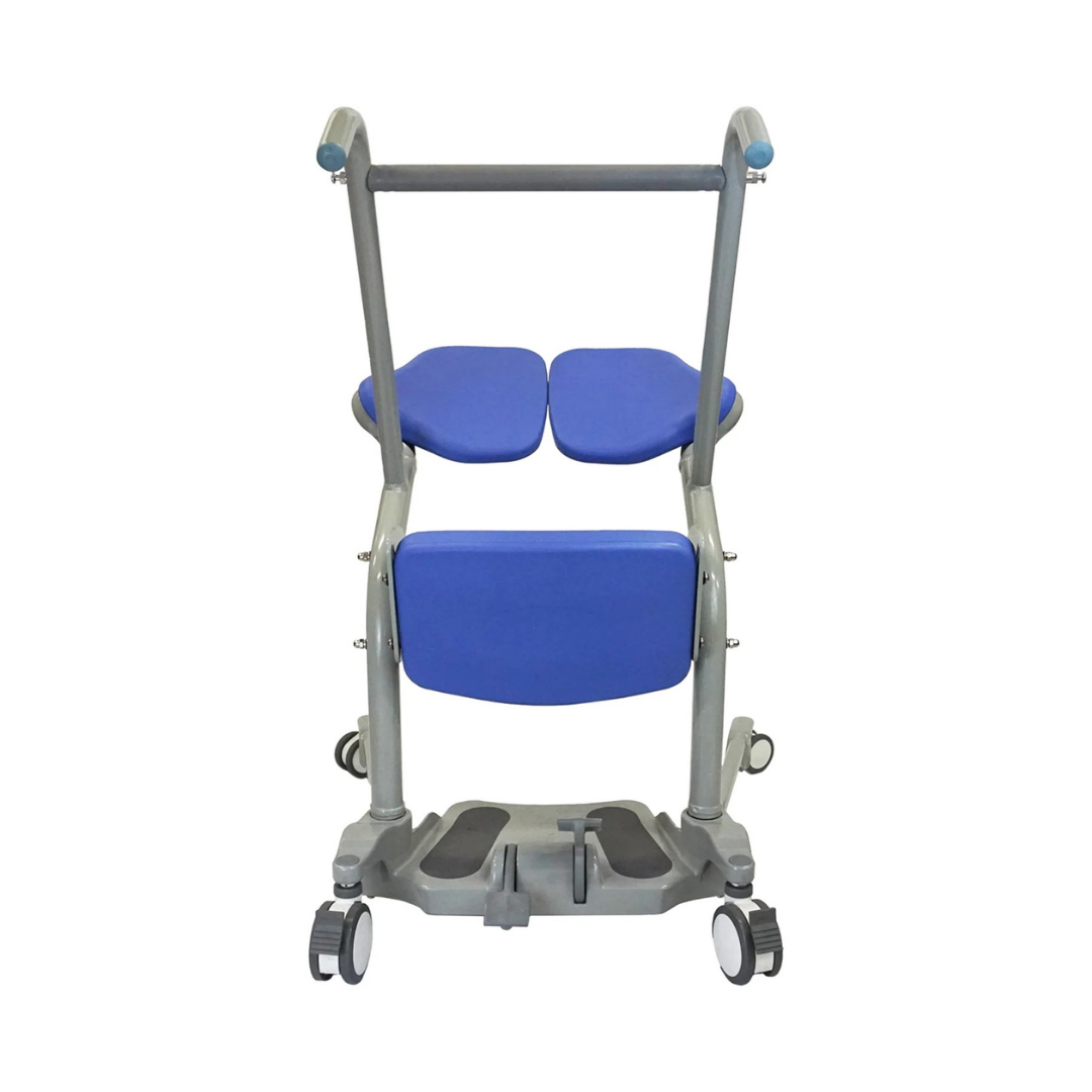 The Mobile PatientLift Ascend & Go Sit-to-Stand Bariatric Patient Lift features a gray metal frame, blue padded knee and seat supports, handlebar, and four wheels to assist with standing or transfers while supporting patient dignity.