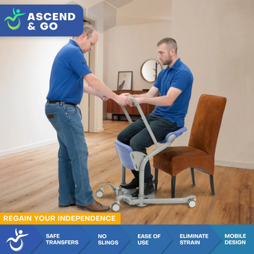Two men use the Mobile PatientLift Ascend & Go Sit-to-Stand Patient Lift for safe, strain-free transfers—one sits on a brown chair holding the lift, while the other assists. Features include no slings, easy operation, and a mobile design.