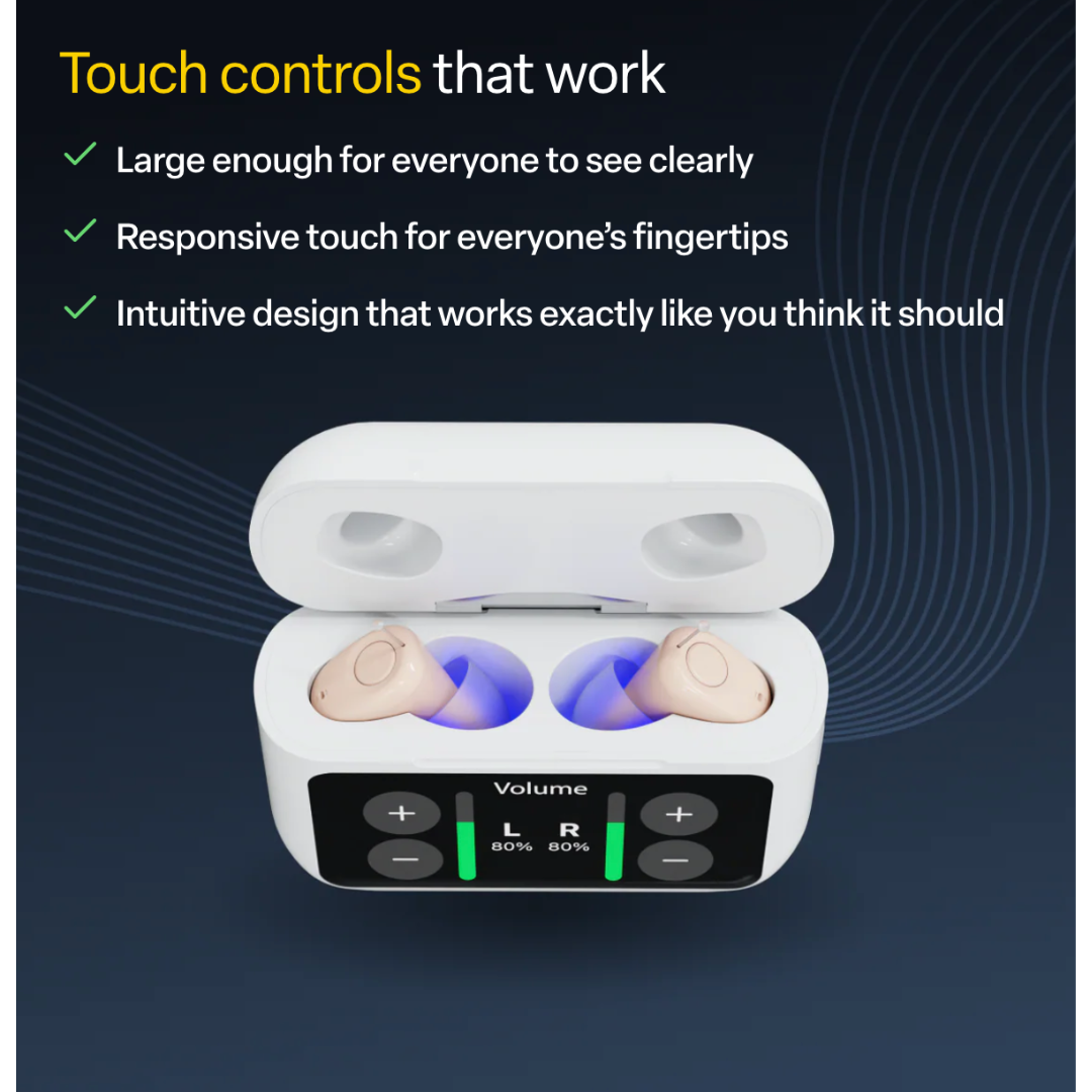 The Audien Hearing Atom X Hearing Aids come in an open digital charging case with responsive touch controls and LED indicators, inspired by touchscreen hearing aid technology for intuitive, user-friendly operation.