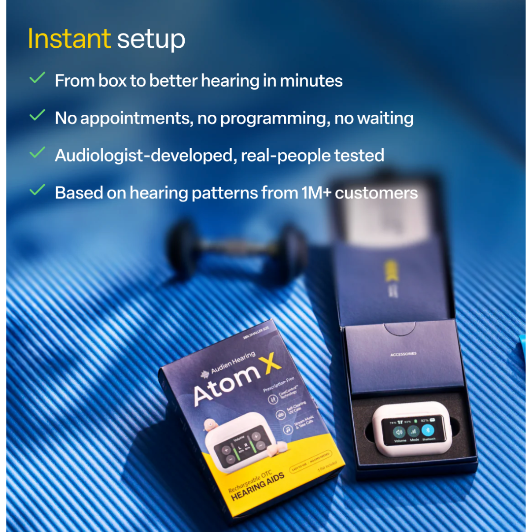 A box and open case of Audien Hearing Atom X Hearing Aids with Digital Case Control rest on a blue surface beside a dumbbell. Text highlights instant setup, portable charging case, and key features marked with green check marks.