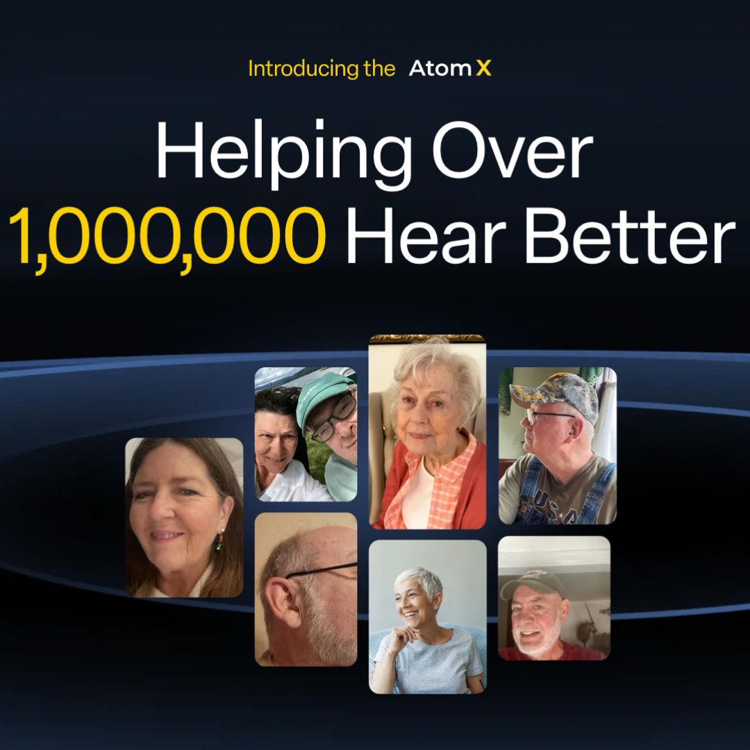 A promotional graphic for Audien Hearing Atom X Hearing Aids with Digital Case Control shows the text Helping Over 1,000,000 Hear Better and eight photos of smiling older adults using the devices, all set against a dark background.
