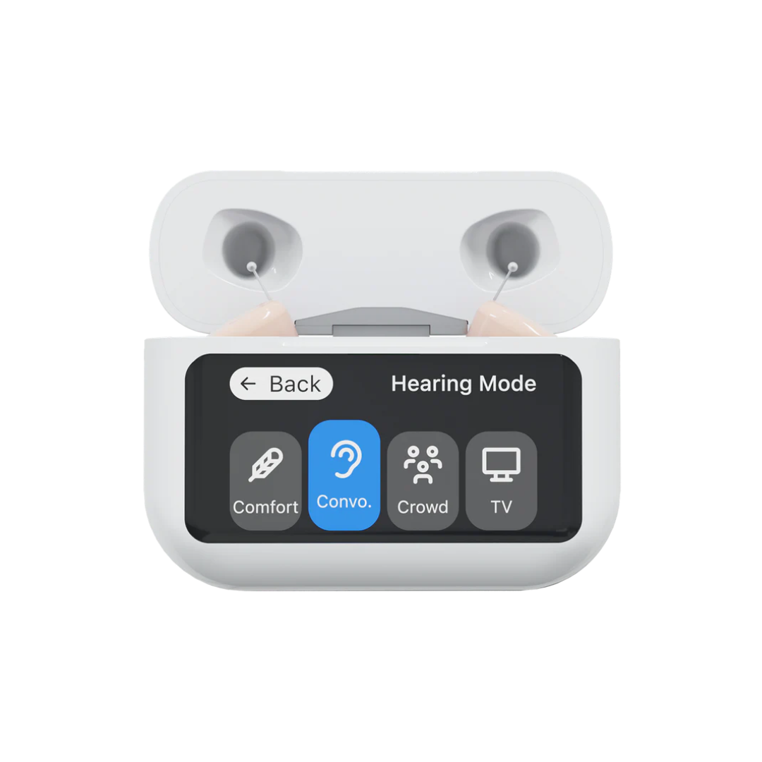The Audien Hearing Atom X features a white touchscreen charging case holding two hearing aids, with digital controls for Comfort, Convo., Crowd, and TV modes. Enjoy a portable, prescription-free hearing solution.