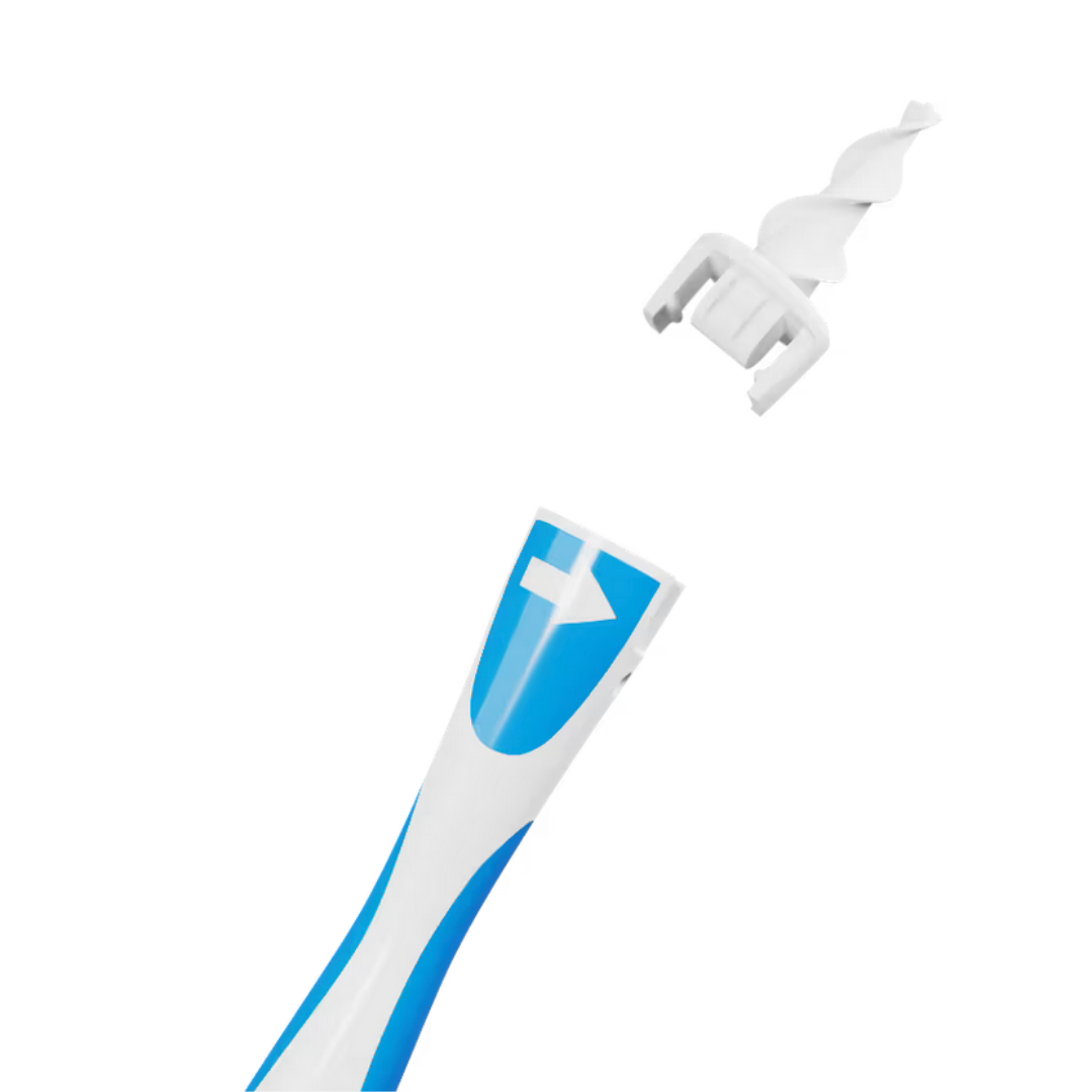 A close-up of the Audien Ear Cleaning Kit handle with its blue and white base, featuring one of 16 reusable spiral cleaning attachments shown above it, separated and aligned for easy attachment.
