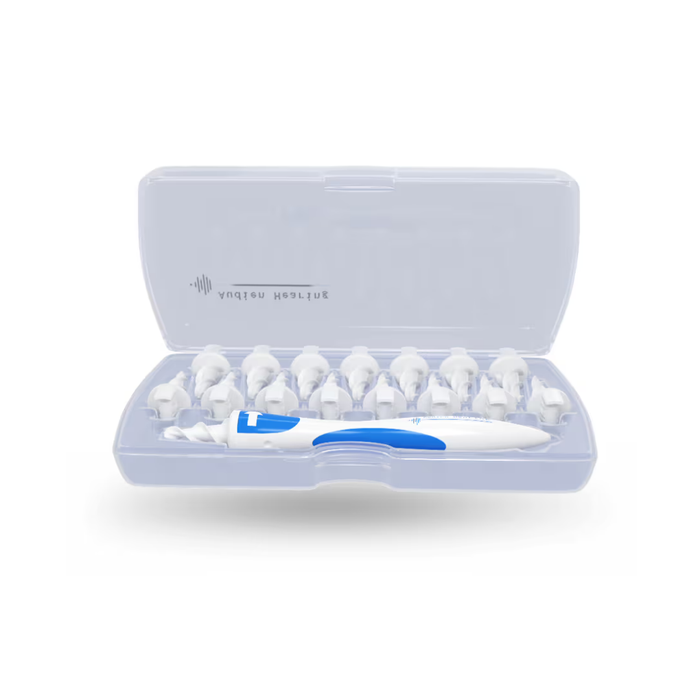 A clear plastic case contains the Audien Ear Cleaning Kit, featuring a white and blue handle with a spiral design and 16 reusable cleaning attachments arranged in rows.