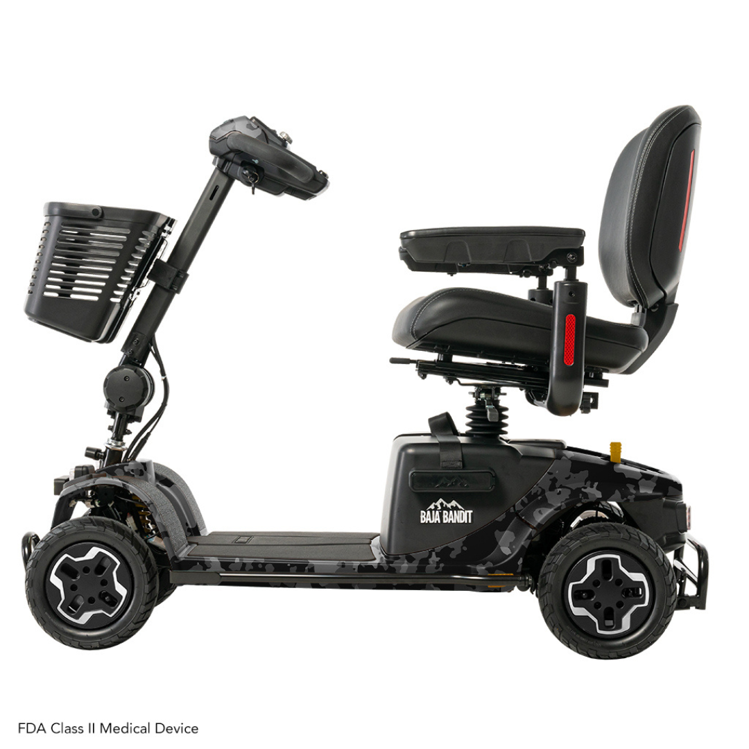Side view of a sleek black Pride Baja® Bandit 4 Wheel Scooter with large wheels, comfy seat, and front basket. Designed for off-road use, it features armrests and a handlebar control panel. Powered by a lithium-ion battery, this FDA Class II Medical Device combines reliability with style.