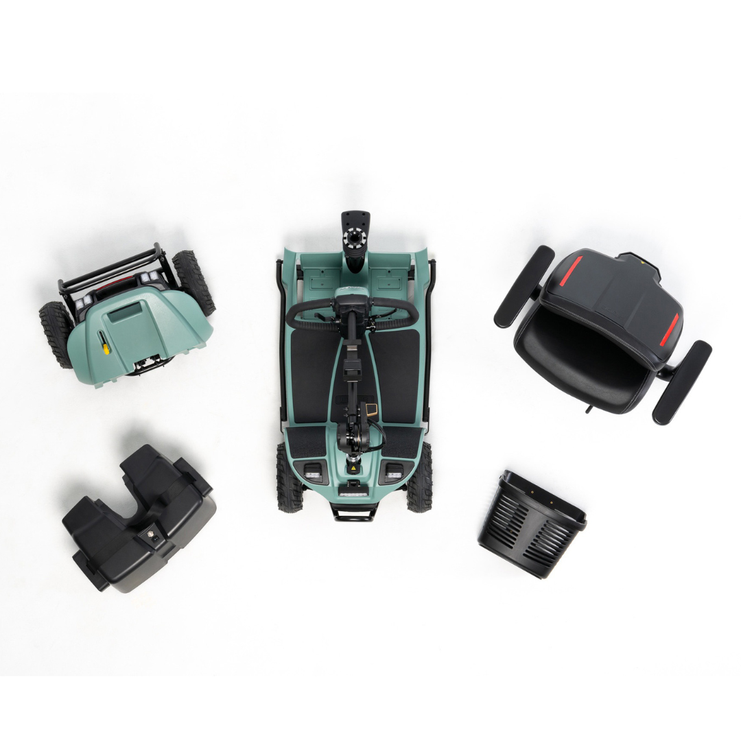 Top-down view of a Pride Baja® Bandit 4 Wheel Scooter in blue-green with detached parts: seat, lithium-ion battery pack, and rear cover. The scooter includes a steering column and four wheels on a white background, perfect for off-road adventures with its robust full suspension system.