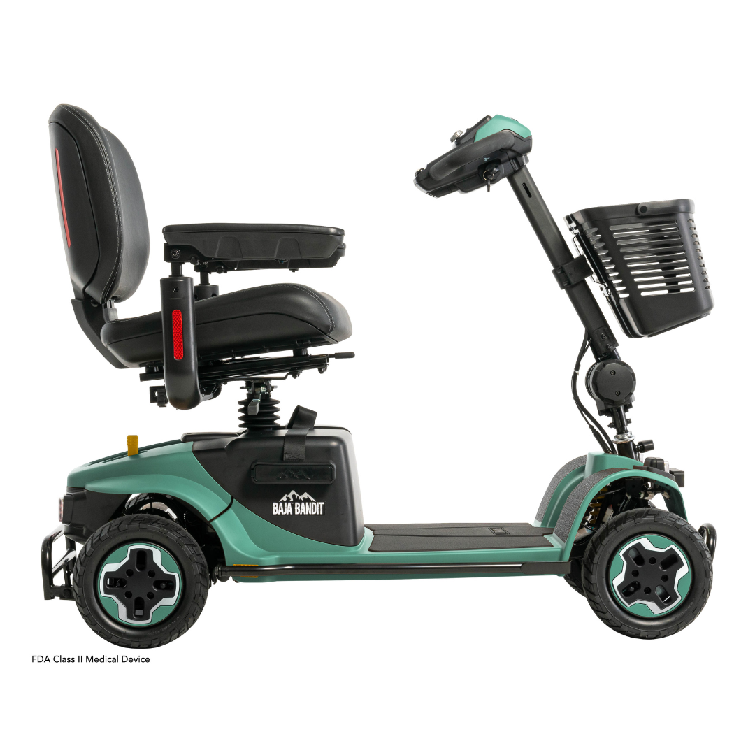 The Pride Baja® Bandit 4 Wheel Scooter has a black seat, armrests, and handlebars. It features full suspension for a smooth ride, includes support wheels, and has a front basket.