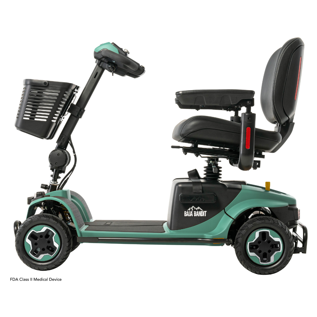 Side view of a teal and black Pride Baja® Bandit 4 Wheel Scooter with a seat, armrests, front basket, sturdy frame, four small wheels, full suspension, and model name displayed on the side.