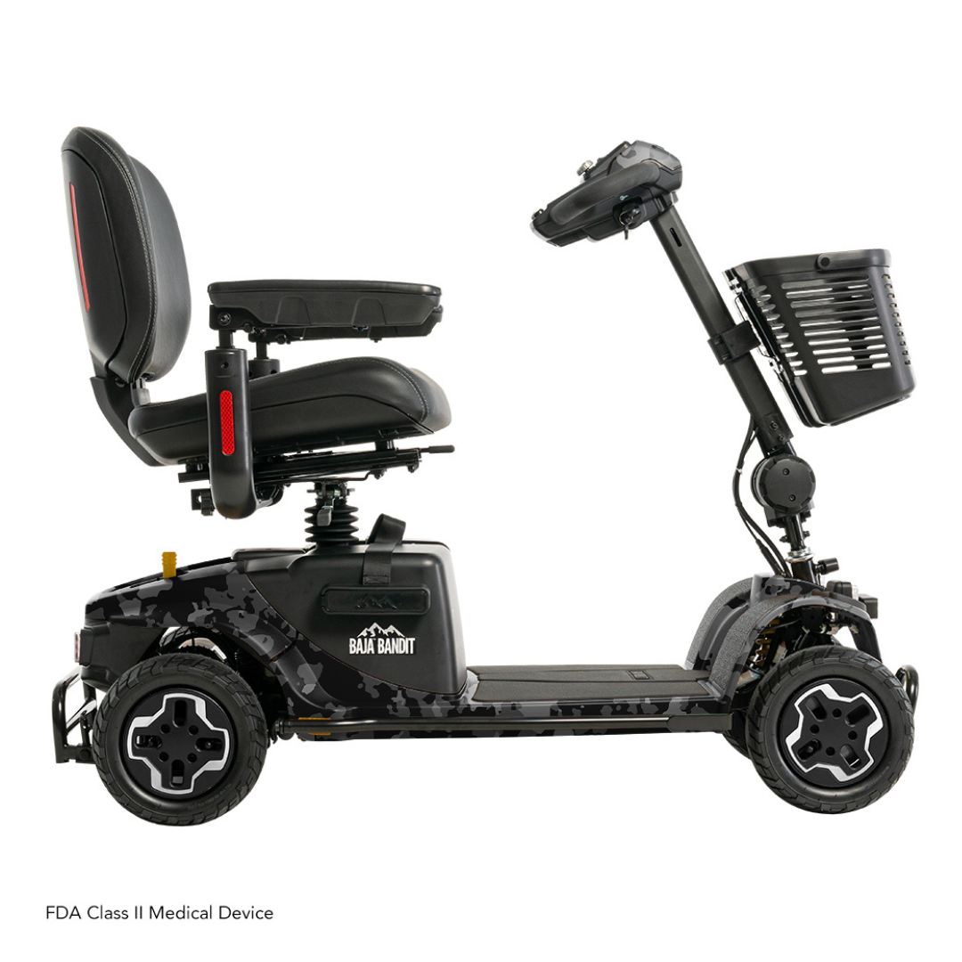 The Pride Baja® Bandit 4 Wheel Scooter features a padded black seat, basket, rear-view mirrors, full suspension wheels, and a backrest. Designed for comfort and accessibility, it has dual lithium-ion batteries and is an FDA Class II medical device with the Baja Bandit logo.