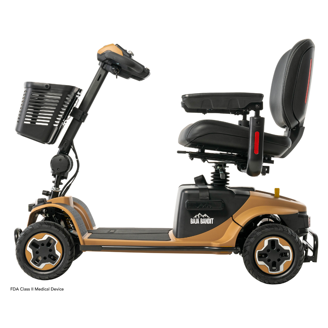 The Pride Baja® Bandit 4 Wheel Scooter features a side view of a tan body with full suspension, a black seat, front basket, and handlebars for steering. Equipped with a lithium-ion battery, it’s perfect for off-road adventures.