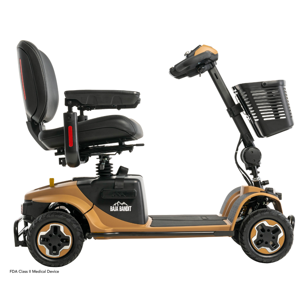 Side view of the Pride Baja® Bandit 4 Wheel Scooter in brown and black. It has a comfortable seat, backrest, front basket, full suspension for smooth off-road rides, and is FDA Class II Medical Device-certified for enhanced accessibility.