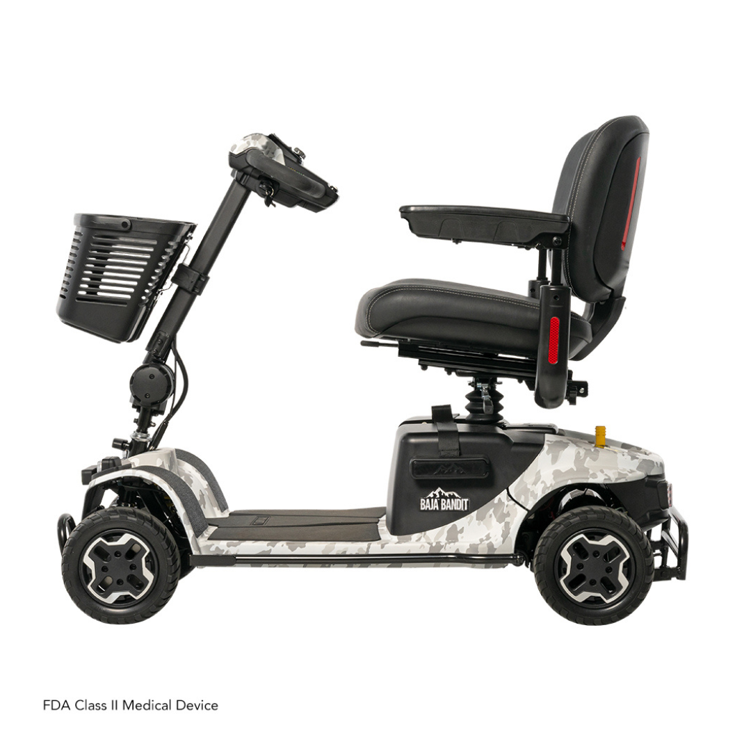 Introducing the Pride Baja® Bandit 4 Wheel Scooter, ideal for off-road adventures with its camouflage design. It includes a black cushioned seat with armrests, a front storage basket, and is powered by a reliable lithium-ion battery. As an FDA Class II Medical Device, it ensures safety and style.