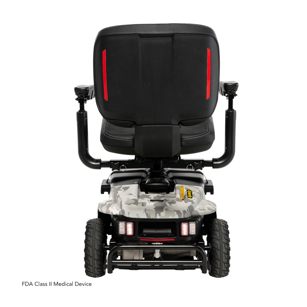 The Pride Baja® Bandit 4 Wheel Scooter showcases a rear view with a black and camouflage-patterned base, ideal for off-road adventures. It includes large rugged wheels, a comfy seat with armrests, and red safety reflectors, designed to boost mobility and comfort.