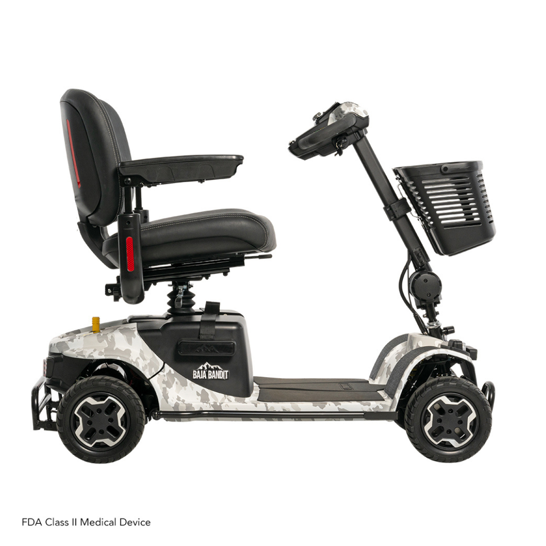 The Pride Baja® Bandit 4 Wheel Scooter, ideal for off-road adventures, boasts a striking camo finish. Its side view reveals a padded seat and front storage basket. Equipped with a lithium-ion battery, it offers smooth rides on four wheels.