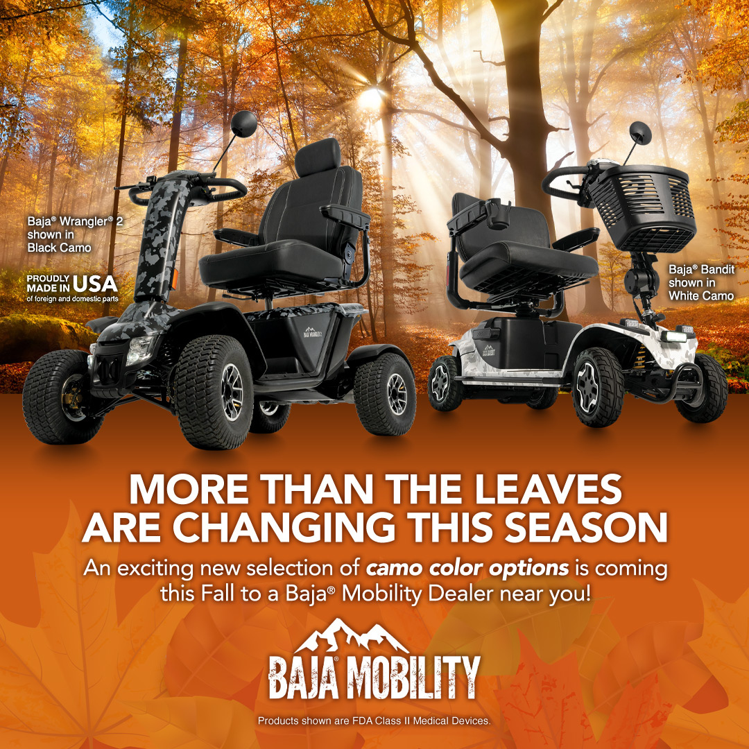 Explore the new fall camo colors of Baja Mobility scooters, featuring the Baja Wrangler 2 and Pride Baja® Bandit 4 Wheel Scooter. Set against an autumn leaf backdrop, these scooters are now powered by reliable lithium-ion batteries for lasting off-road adventures.