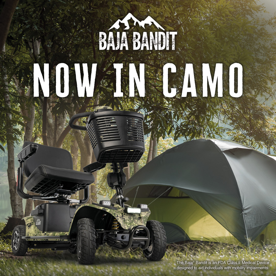 A promotional image features bold text Now in Camo above the Pride Baja® Bandit 4 Wheel Scooter, showcasing its camouflage pattern next to a green tent in a wooded setting, with dual lithium-ion batteries for enduring adventures.