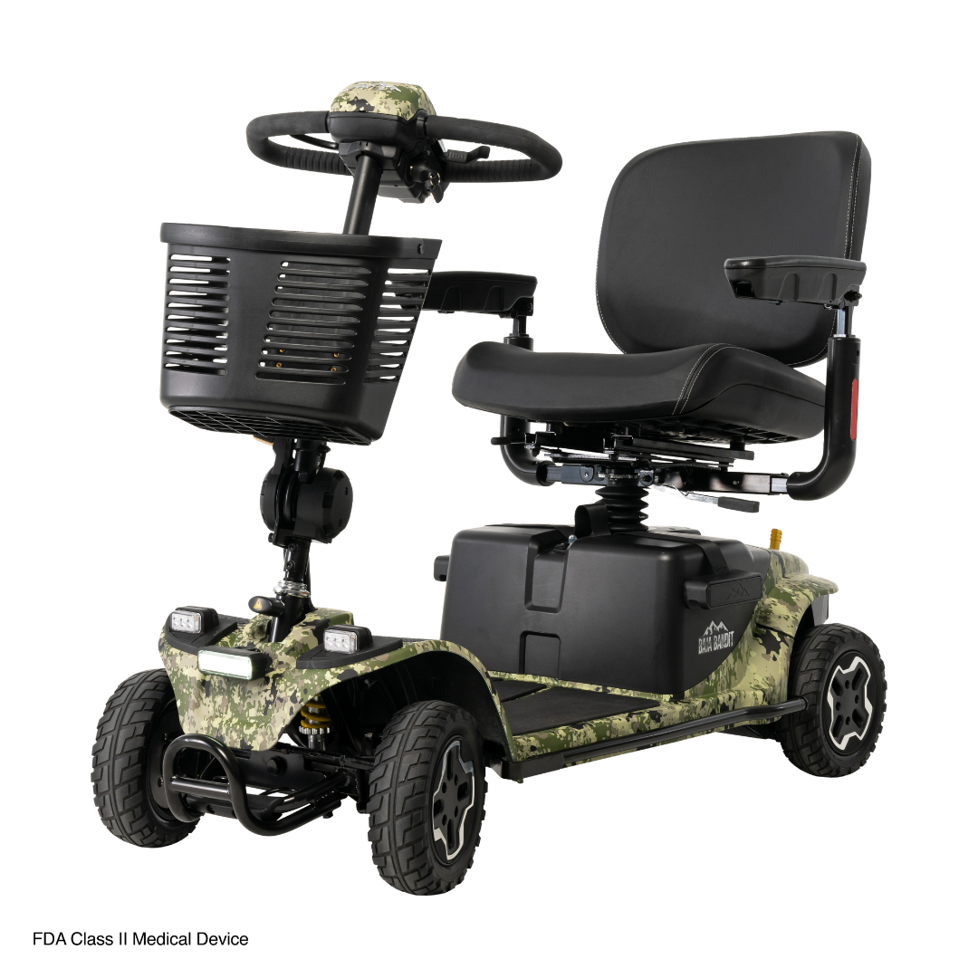The Pride Baja® Bandit 4 Wheel Scooter, with a green camouflage pattern, black seat and armrests, is ideal for off-road trips. It features a front basket, handlebars, four sturdy wheels, full suspension, and is FDA Class II Medical Device certified for adventurous use.