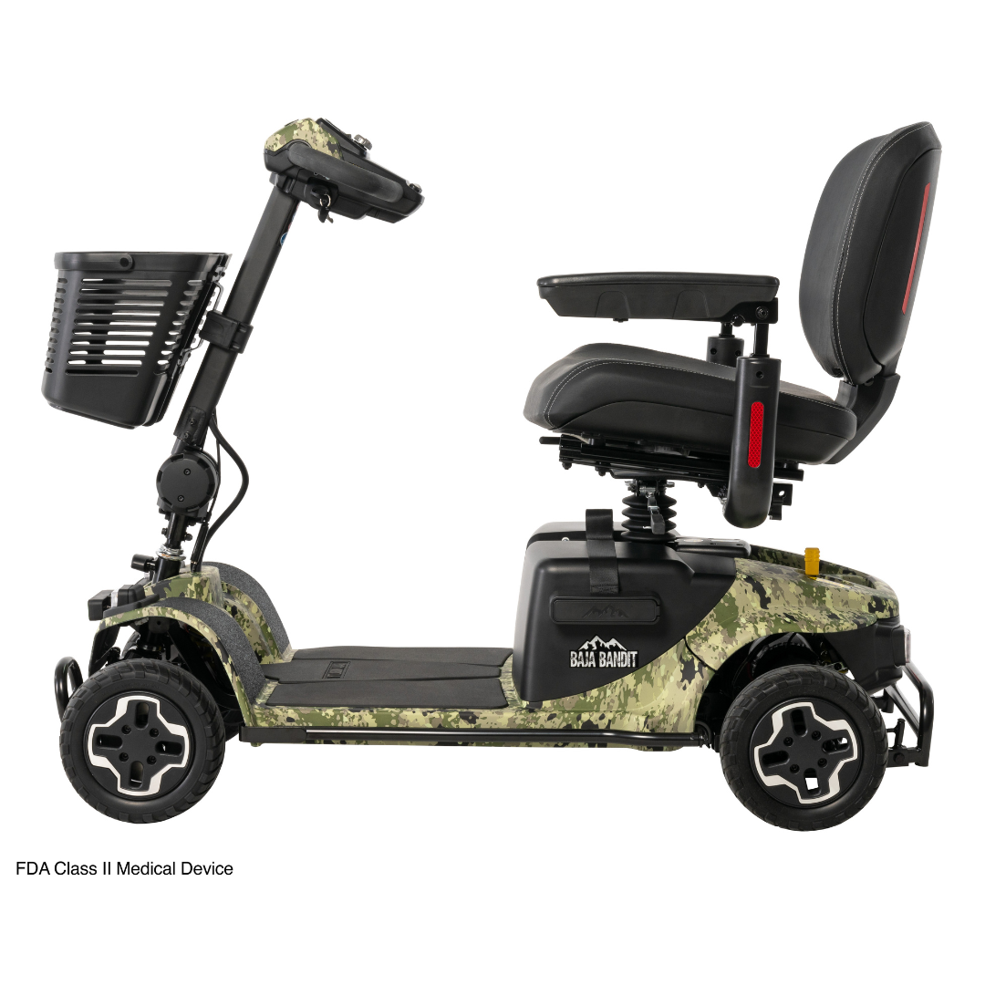The side view of the Pride Baja® Bandit 4 Wheel Scooter showcases a camo pattern, ideal for off-road excursions. It features a front basket, four wheels with full suspension, armrests, and a cushioned seat with a backrest, all powered by a reliable lithium-ion battery.