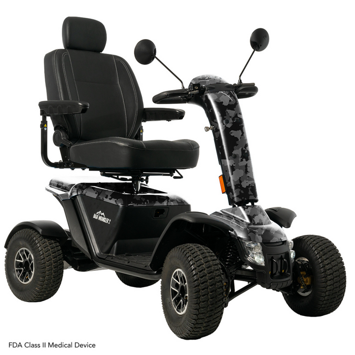 The Pride Baja® Wrangler® 2 Heavy Duty Outdoor Scooter, an FDA Class II medical device, offers a camo-patterned front, padded seat with headrest, handlebars with mirrors, CTS Suspension, large tires for comfort and accessibility.