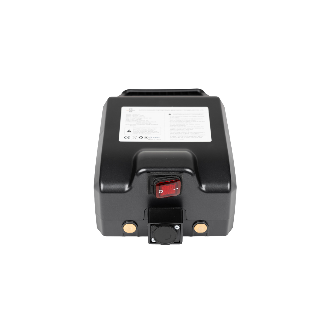 A black rectangular Battery for Forcemech Traveler Scooter with a red power switch and gold connectors on one end, placed on a white background. A white label displaying text and symbols is visible on the top.