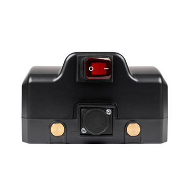 This FAA-approved Battery For Forcemech Traveler Scooter is a black rectangular unit featuring a red on/off switch at the top and two gold circular contacts at the bottom, shown against a white background.