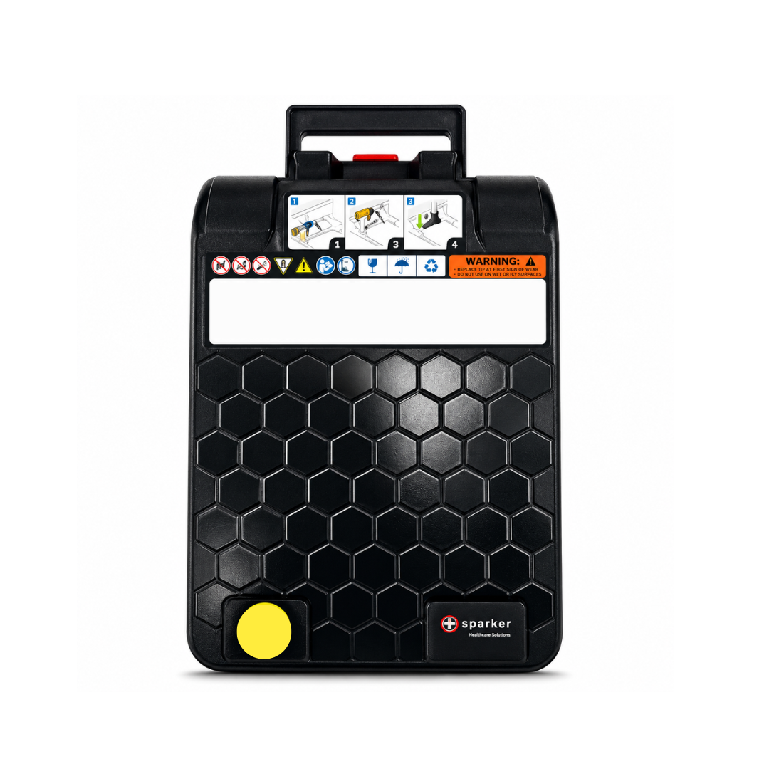 A black Battery Replacement for Pride GoGo Carbon Scooter features a honeycomb pattern, yellow button, top handle, and labels—perfect for your GoGo Carbon or Pride scooter. Sparker brand logo is at the lower right on a white background.