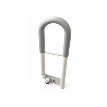 Bed Rails For Med-Mizer beds featuring a U-shaped design with a grey padded top grip, white metal base, and a bottom mounting bracket.
