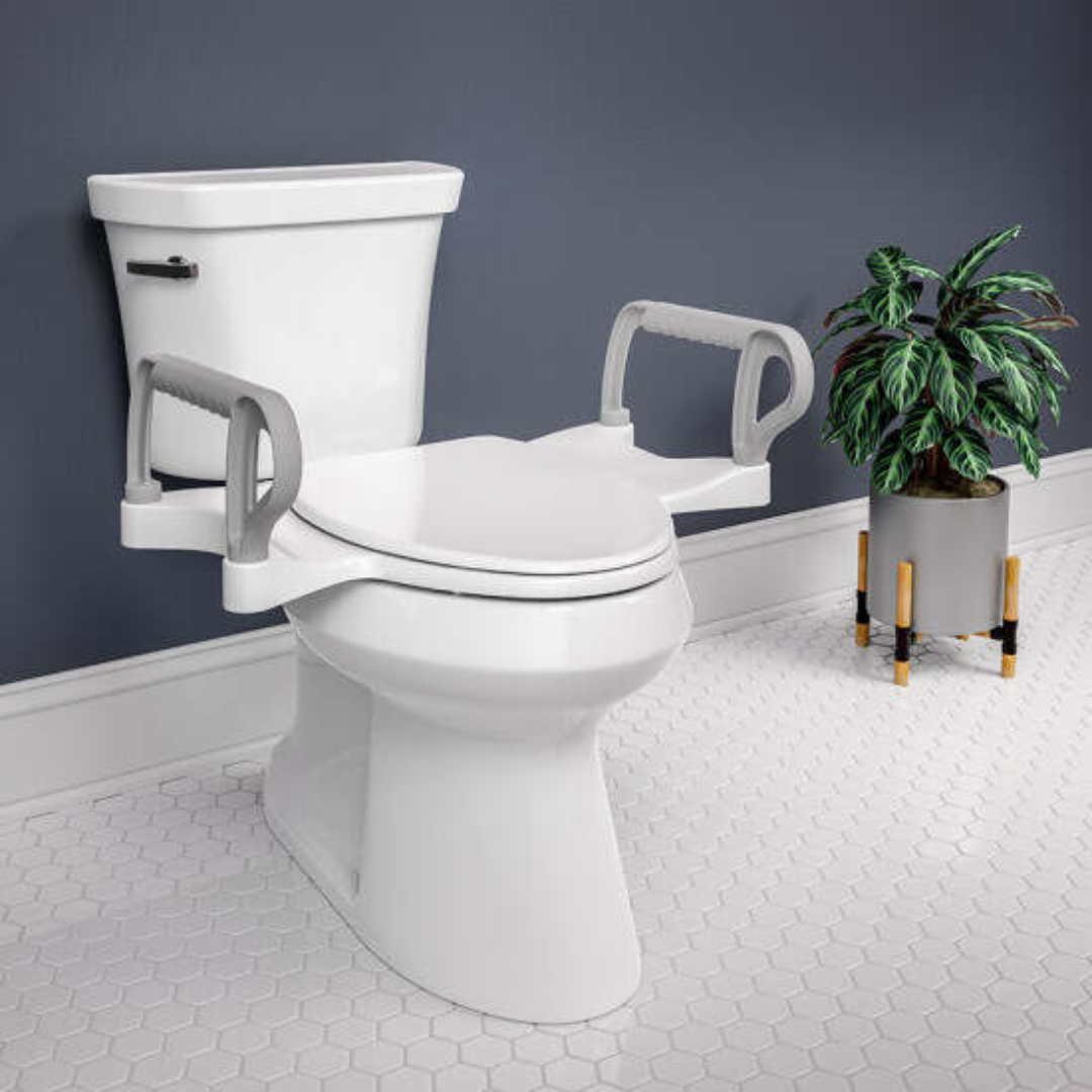 A Bemis Assist™ Standard Height Premium Toilet Seat with gray support arms is against a dark gray wall on a white hexagonal tile floor. A potted plant on a stand is beside the toilet.