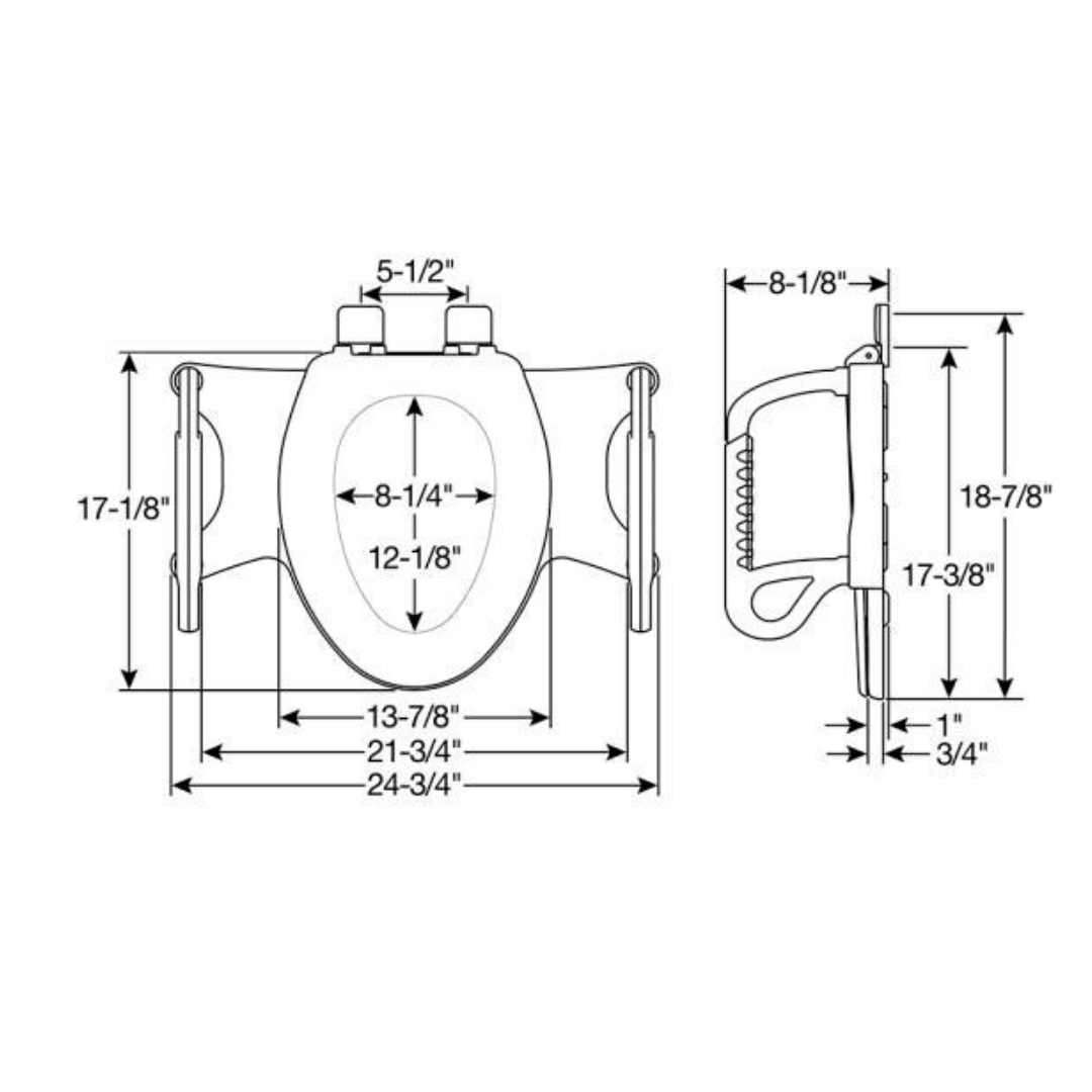 This technical drawing of the Bemis Assist™ Standard Height Premium Toilet Seat with Support Arms features a wall-mounted fixture with front and side views, displaying dimensions in inches. The front view shows widths and heights, while the side view illustrates depth. Key measurements are labeled for easy reference.