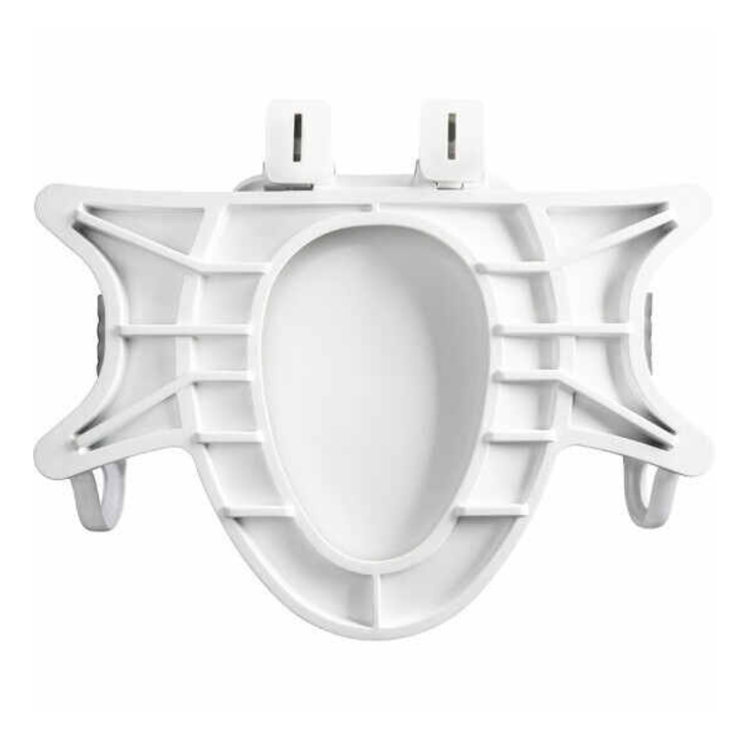 An overhead view of the Bemis Assist™ Standard Height Premium Toilet Seat shows its white plastic design with a central oval opening, grid structures on each side, and support arms featuring two hooks. Designed for Stay·Tite Installation System.