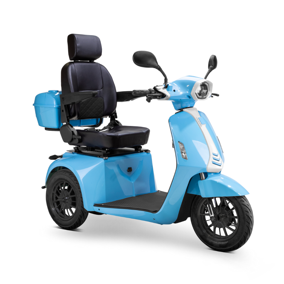 The Bespoke Elite Recreational 3-Wheel Scooter with Electric Brake Assist features a blue frame, 600W motor, padded seat with armrests and headrest, rear storage box, and handlebars—crafted for comfort and accessibility, even for taller riders.